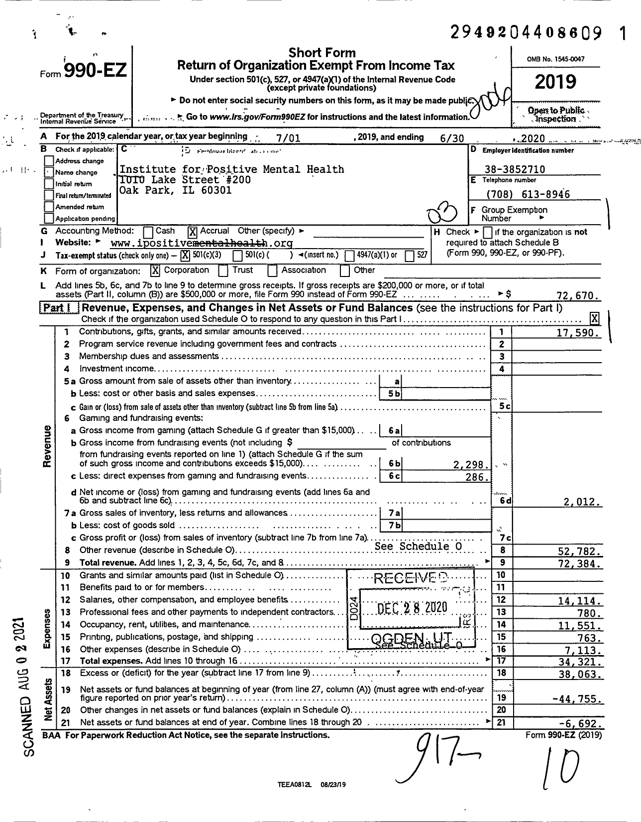 Image of first page of 2019 Form 990EZ for Institute for Positive Mental Health