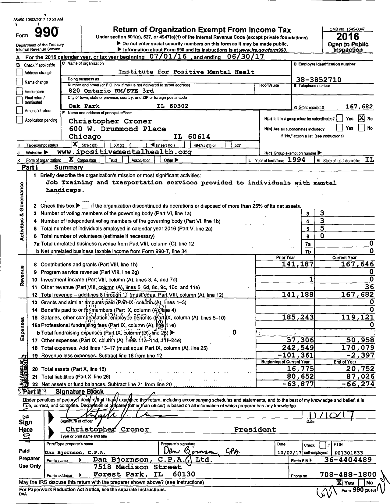 Image of first page of 2016 Form 990 for Institute for Positive Mental Health