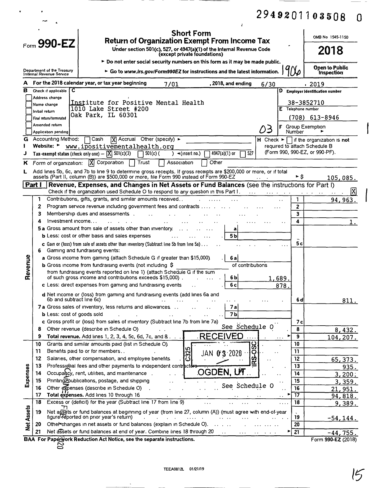 Image of first page of 2018 Form 990EZ for Institute for Positive Mental Health