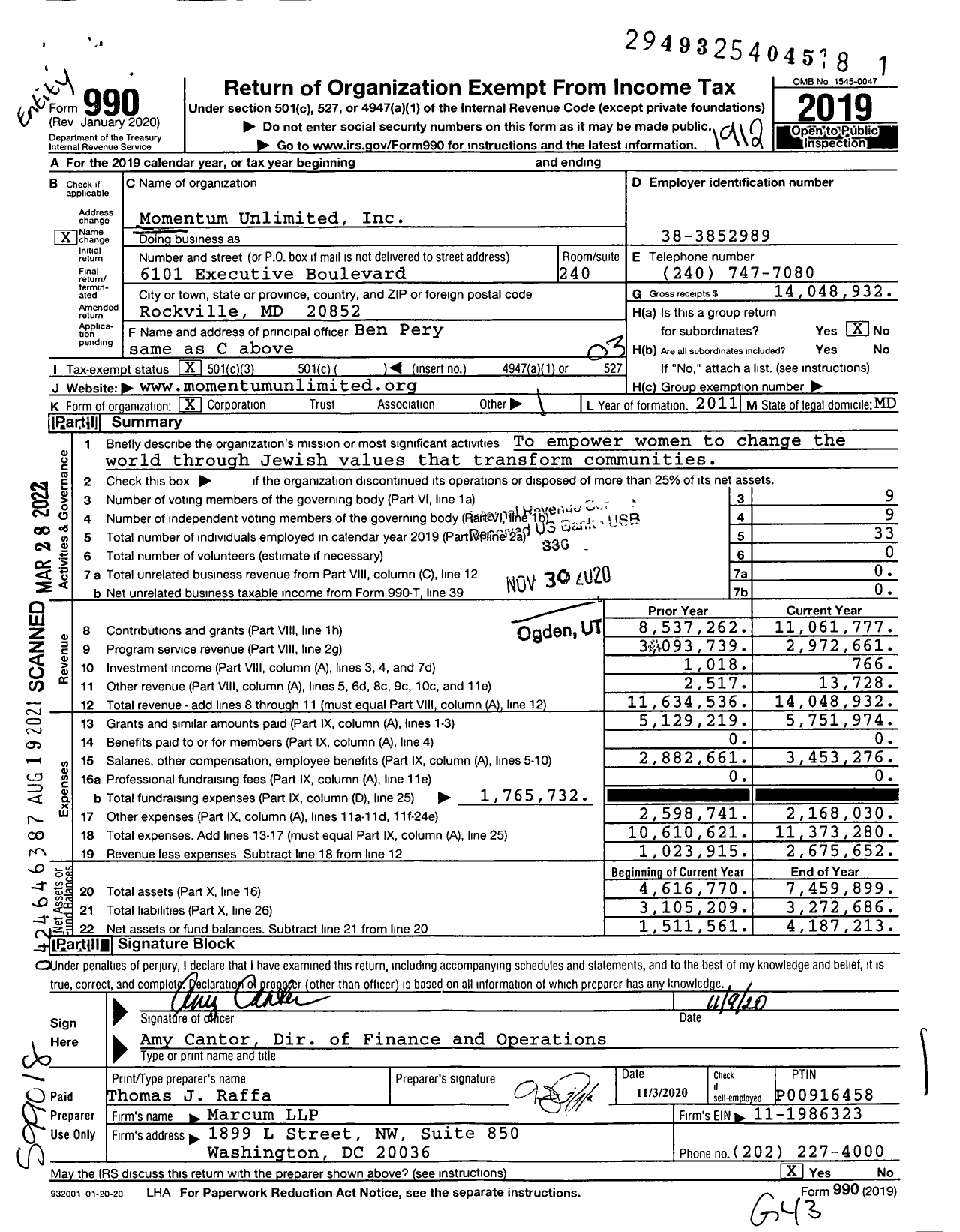 Image of first page of 2019 Form 990 for Momentum Unlimited (JWRP)