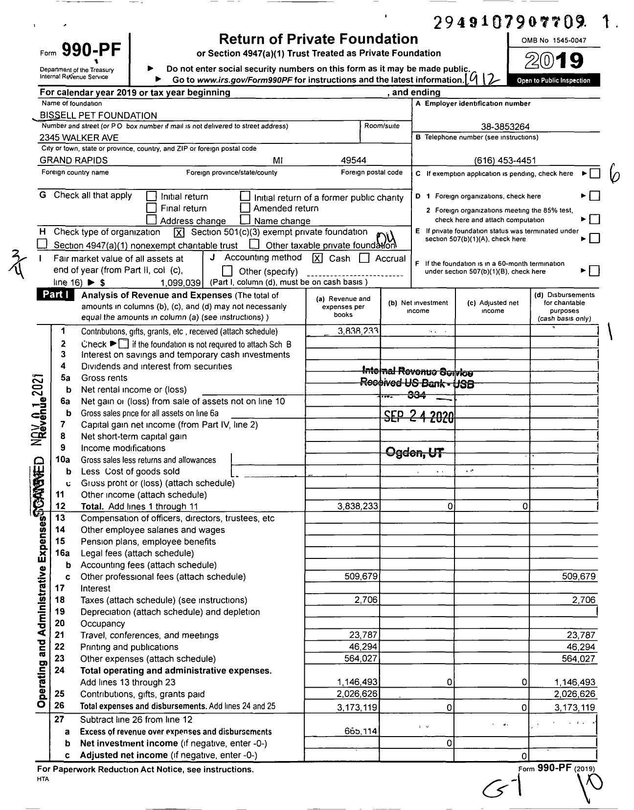 Image of first page of 2019 Form 990PF for Bissell Pet Foundation