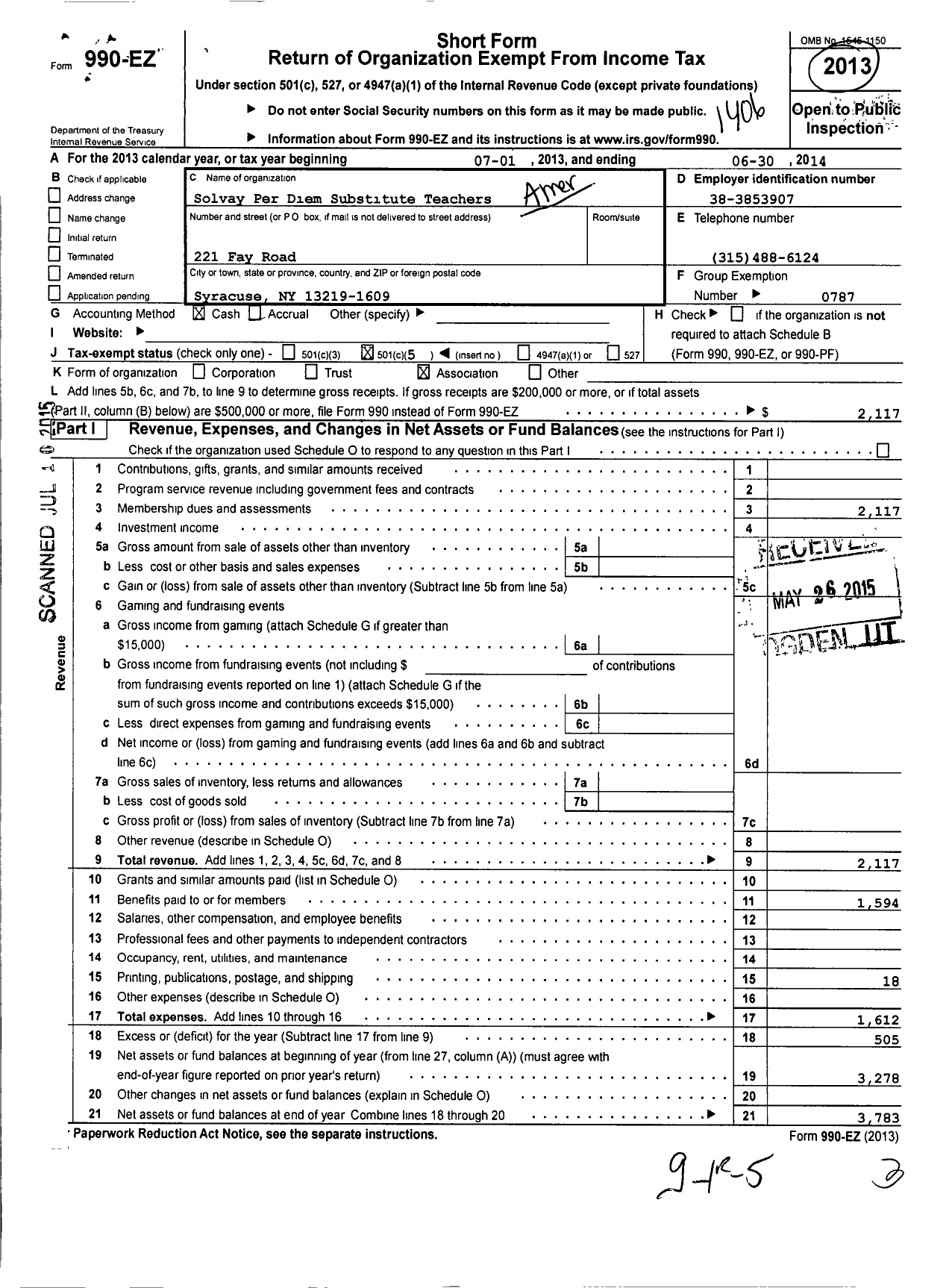 Image of first page of 2013 Form 990EO for American Federation of Teachers - 6457 Solvay Per Diem Substitute