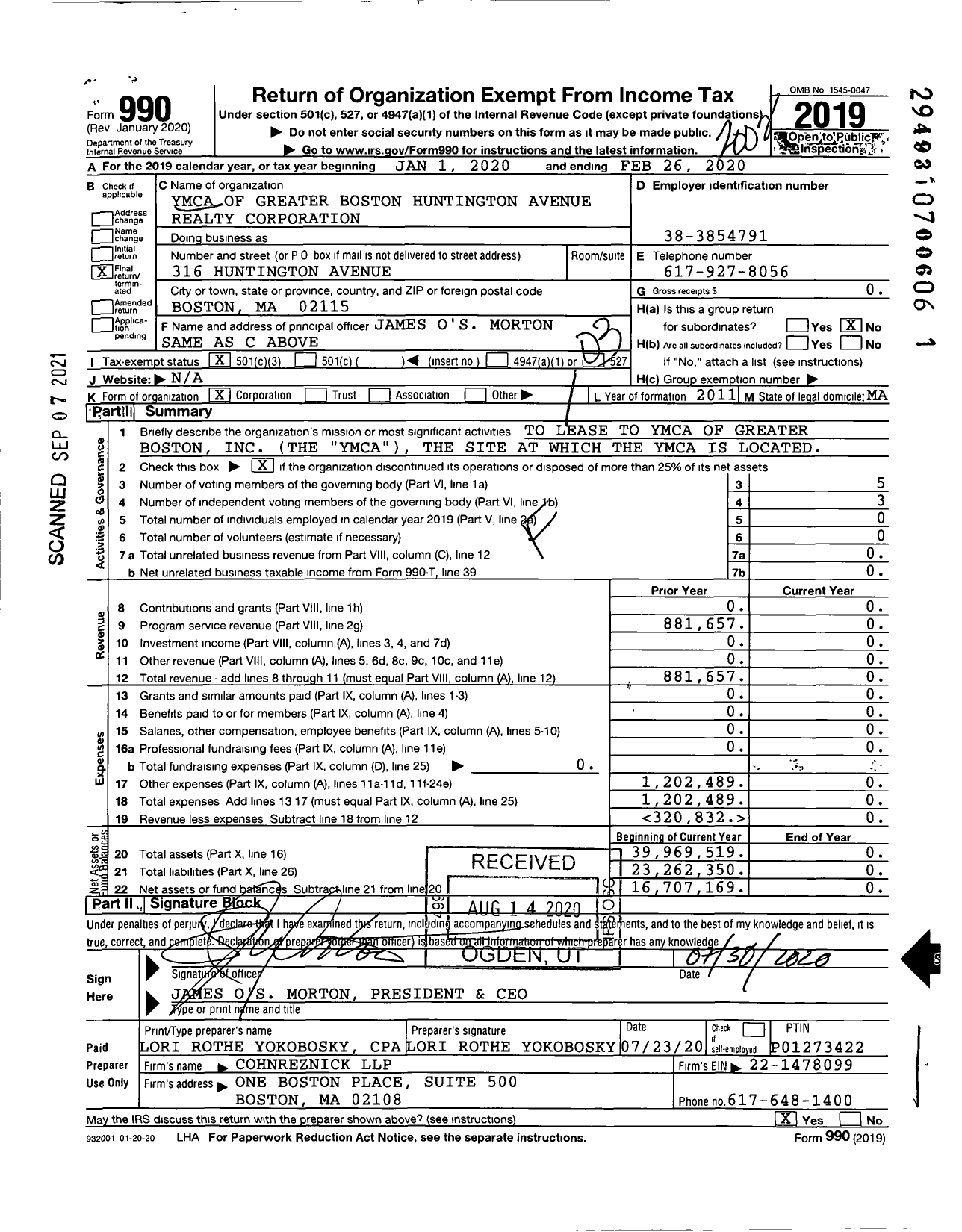 Image of first page of 2019 Form 990 for Ymca of Greater Boston Huntington Avenue Realty Corporation