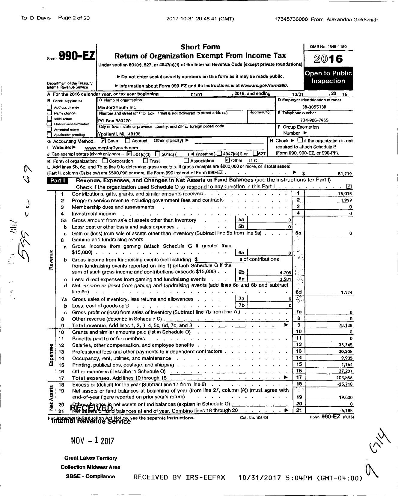Image of first page of 2016 Form 990EZ for Mentor2Youth