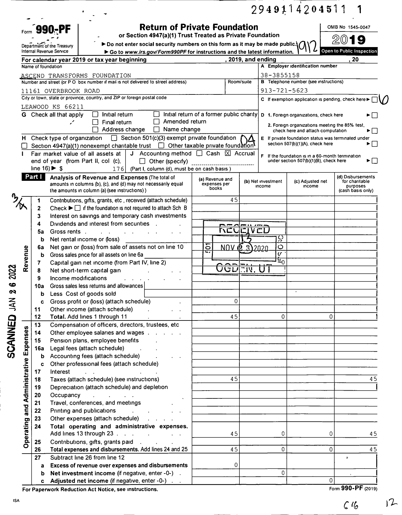 Image of first page of 2019 Form 990PF for Ascend Transforms Foundation