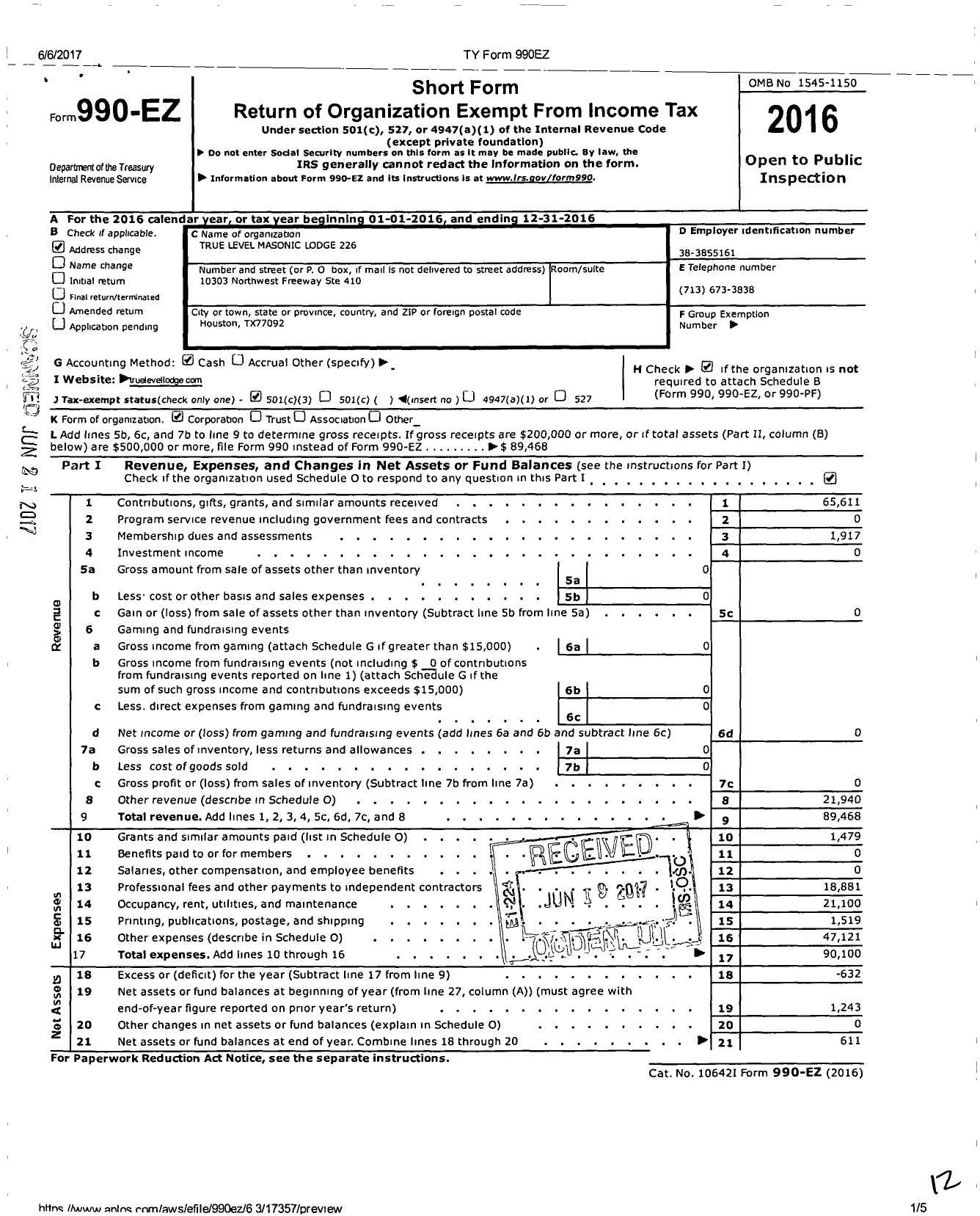 Image of first page of 2016 Form 990EZ for True Level Lodge 226 F&am