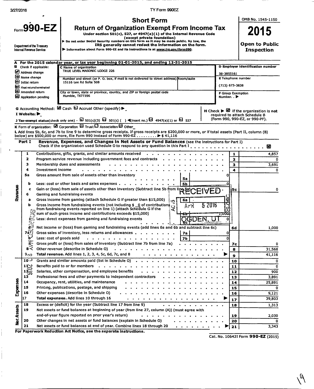 Image of first page of 2015 Form 990EO for True Level Lodge 226 F&am