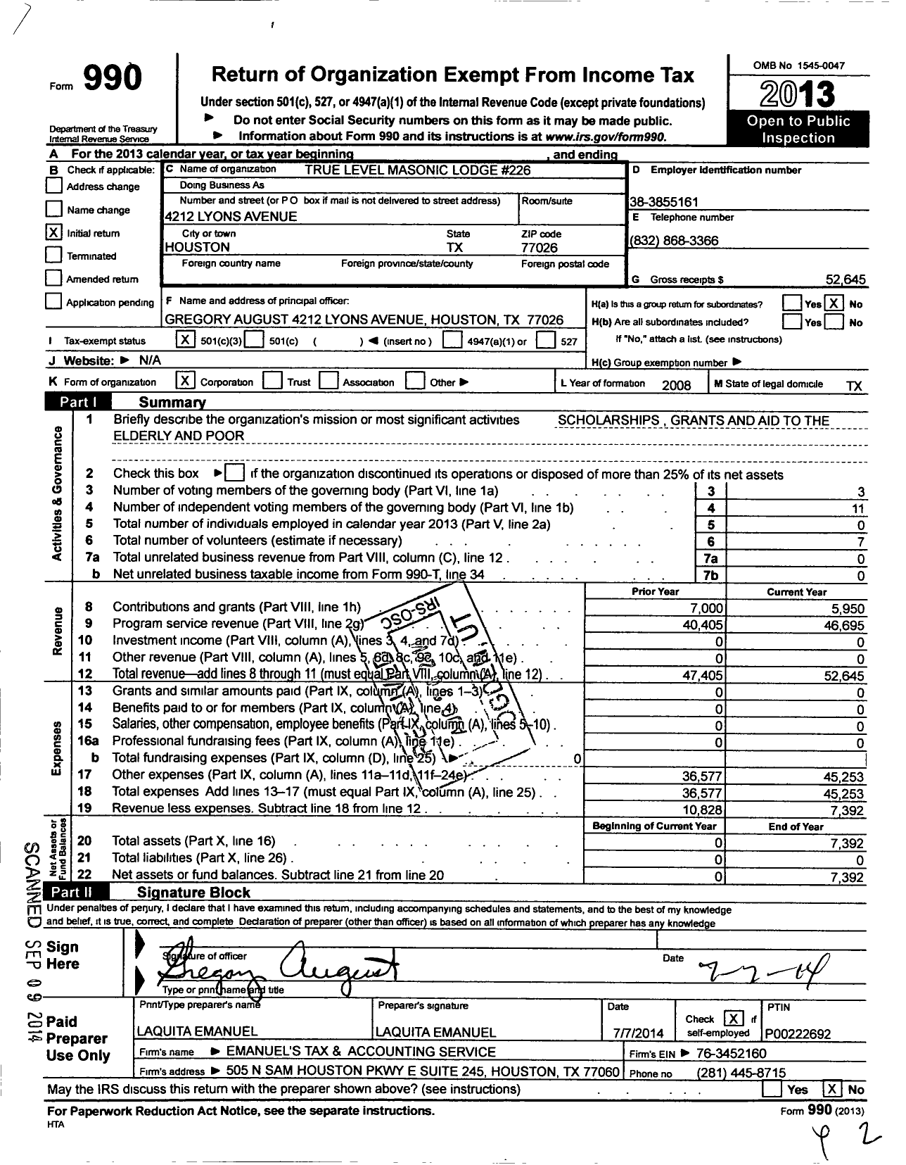 Image of first page of 2013 Form 990 for True Level Lodge 226 F&am