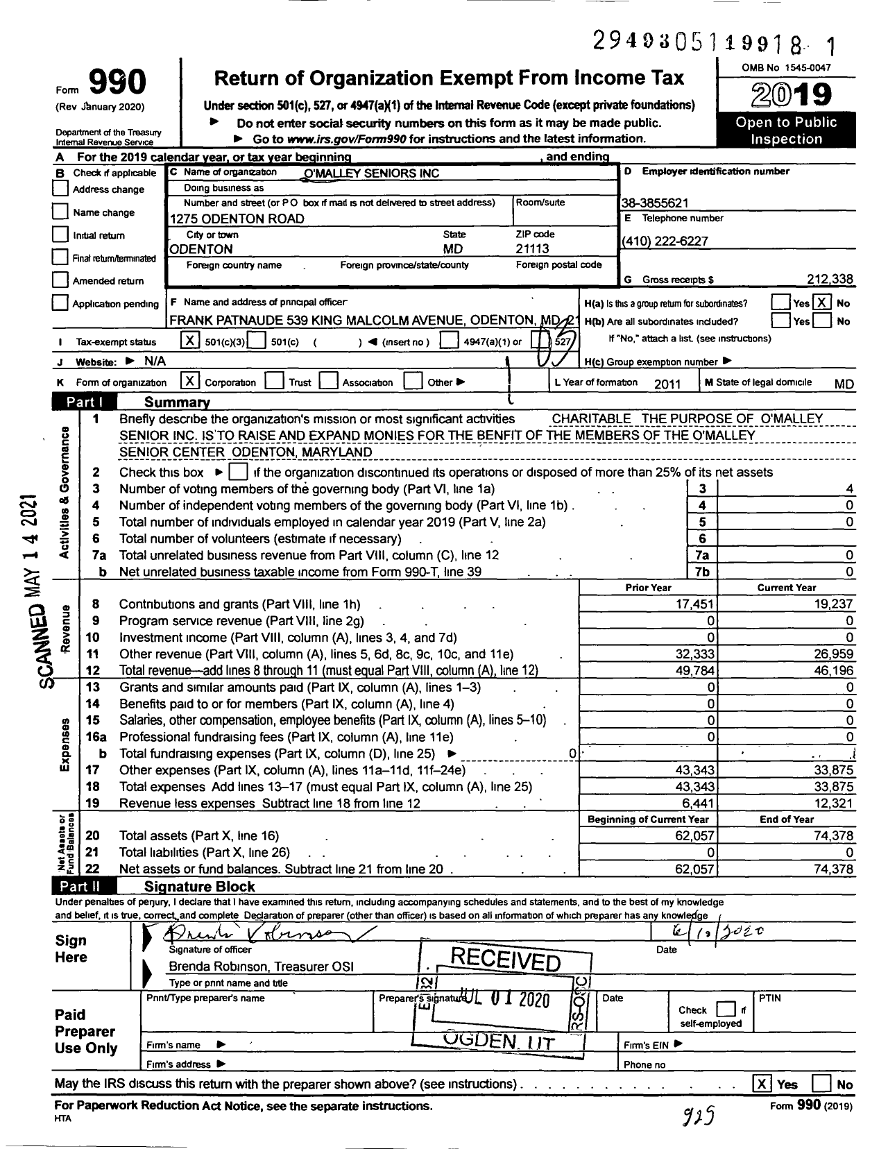 Image of first page of 2019 Form 990 for O'Malley Seniors