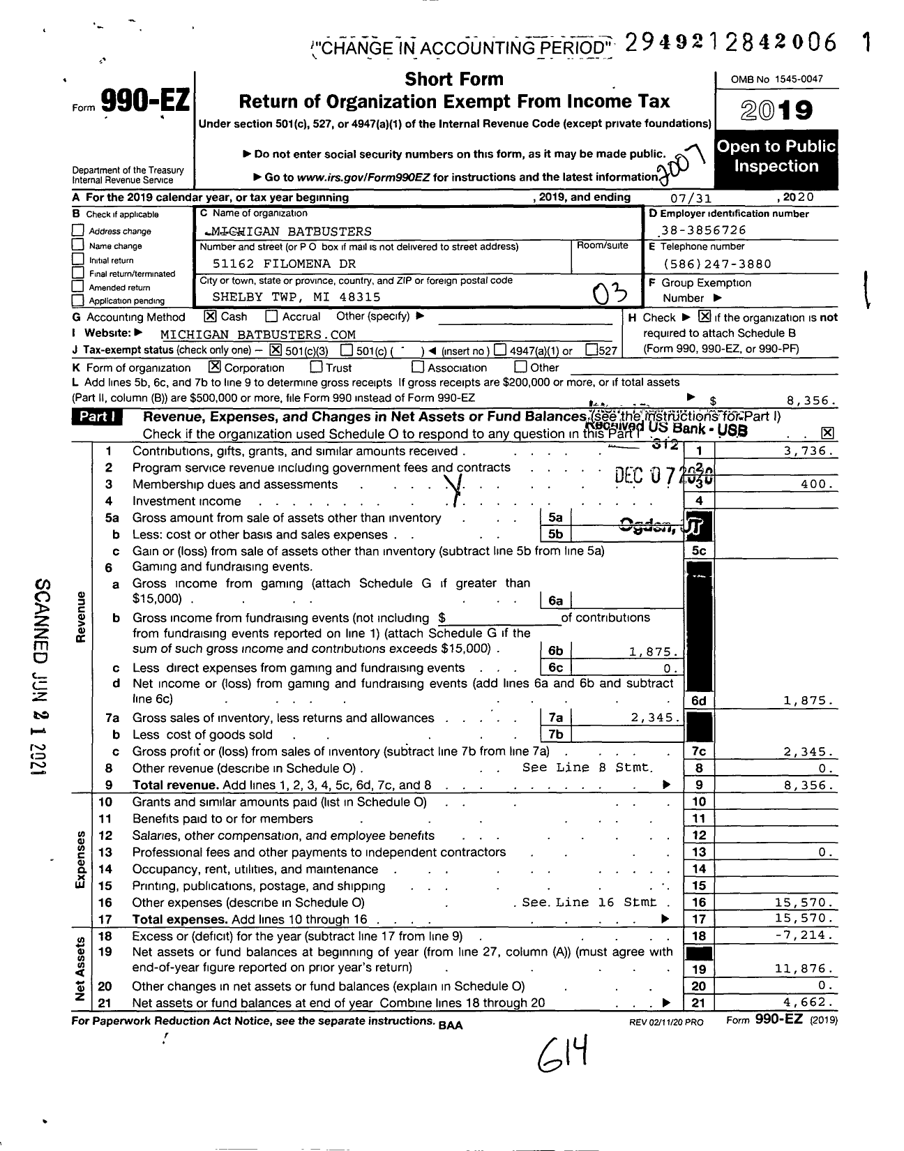 Image of first page of 2019 Form 990EZ for Michigan Batbusters