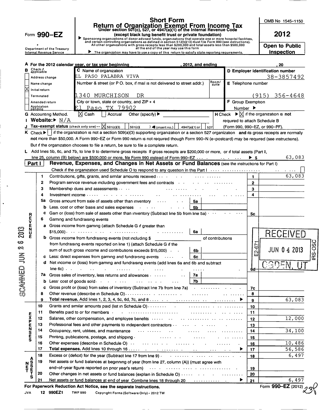 Image of first page of 2012 Form 990EZ for El Paso Palabra Viva