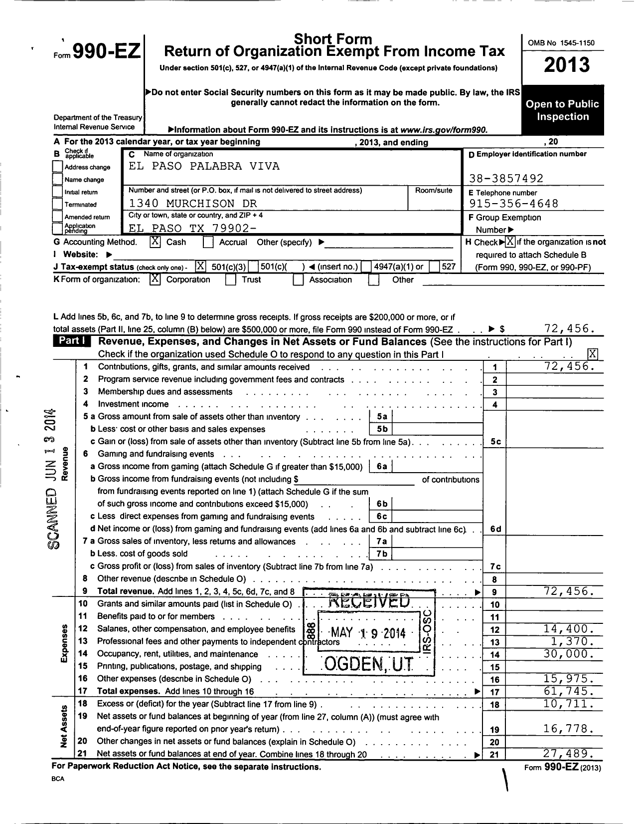 Image of first page of 2013 Form 990EZ for El Paso Palabra Viva