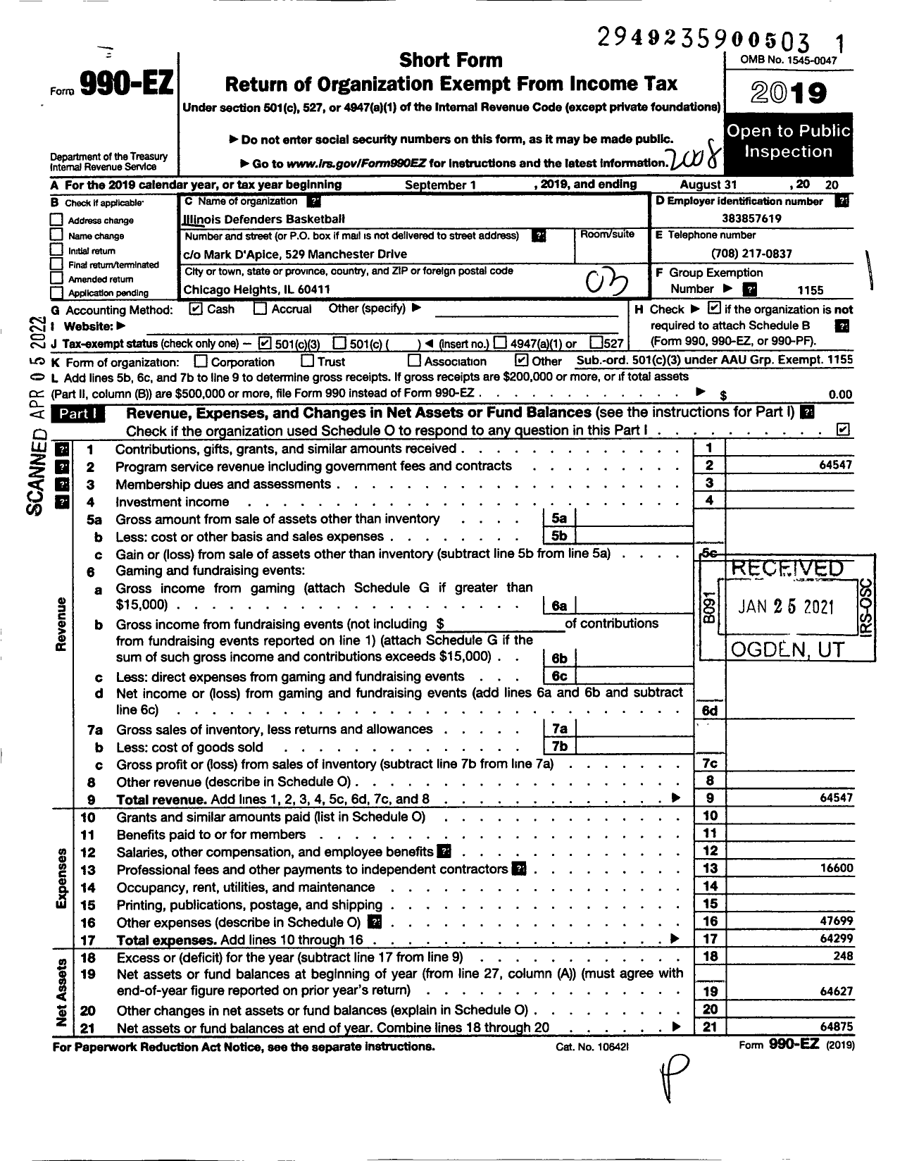 Image of first page of 2019 Form 990EZ for Amateur Athletic Union - Illinois Defenders