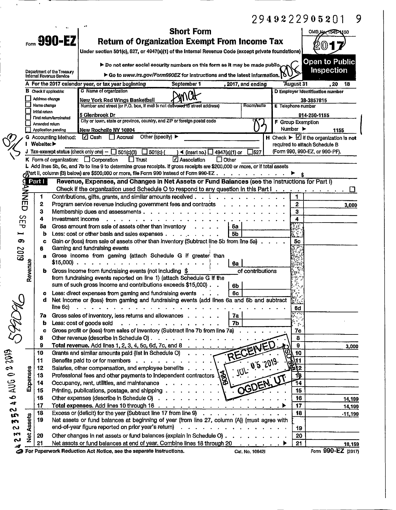 Image of first page of 2017 Form 990EZ for Amateur Athletic Union - New York Red Wings Basketball