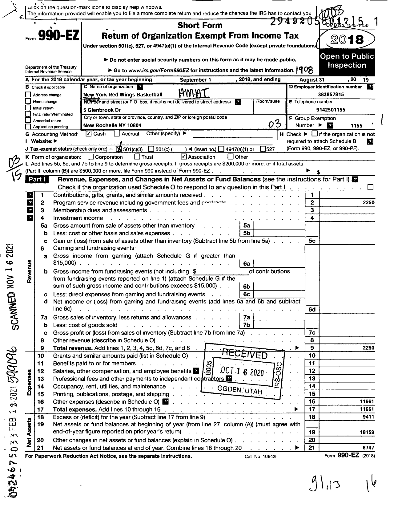 Image of first page of 2018 Form 990EZ for Amateur Athletic Union - New York Red Wings Basketball