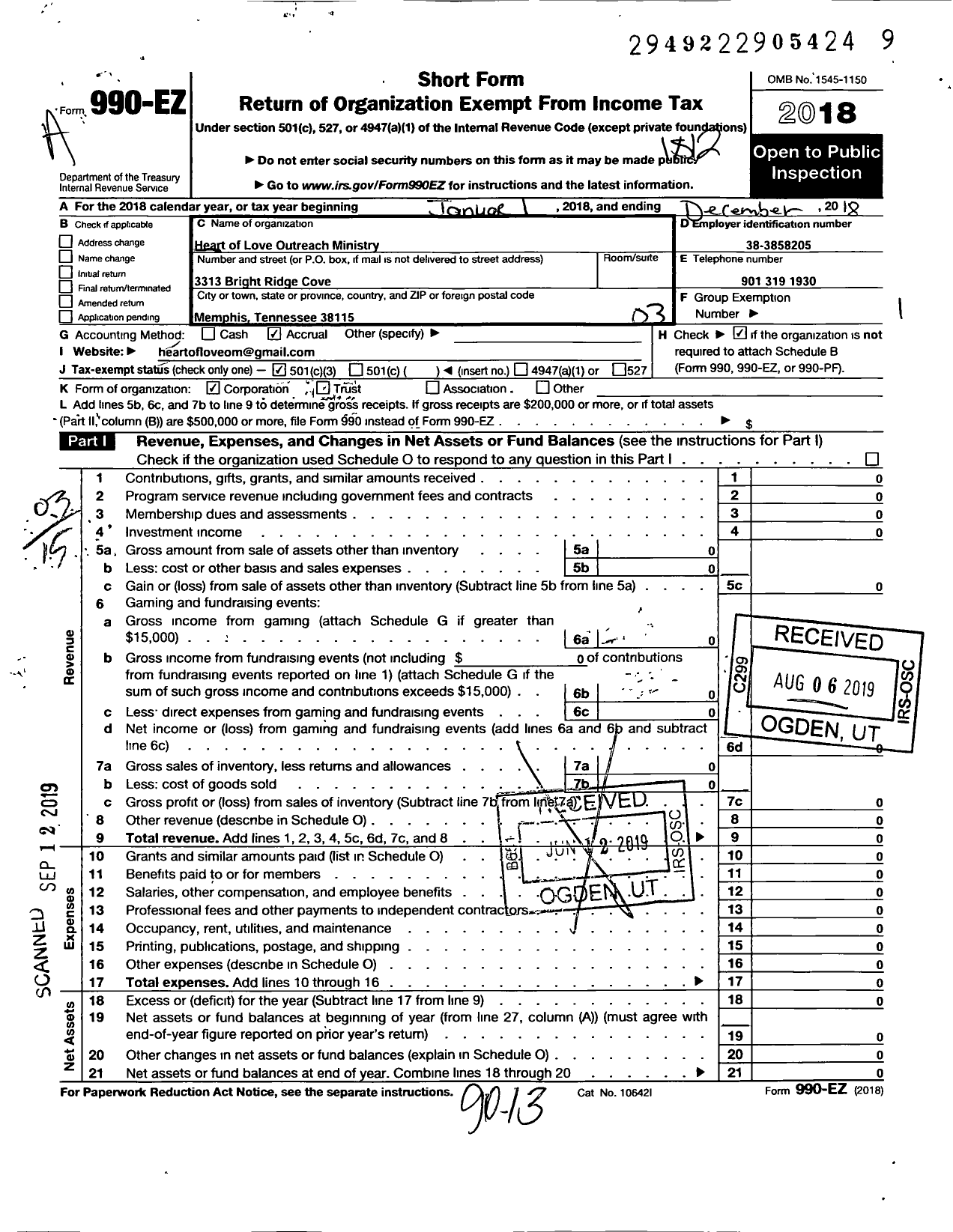 Image of first page of 2018 Form 990EZ for Heart of Love Outreach Ministry