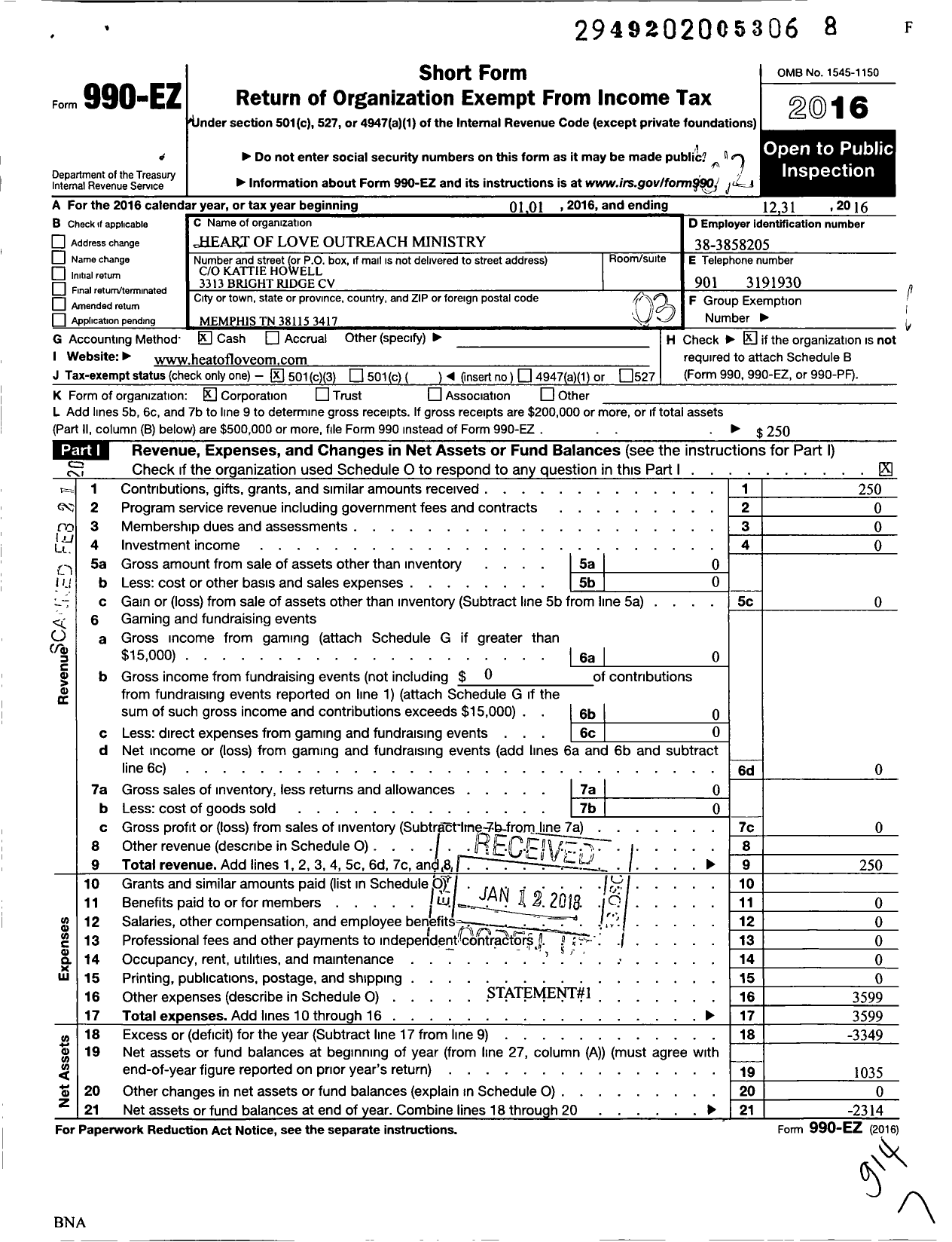 Image of first page of 2016 Form 990EZ for Heart of Love Outreach Ministry