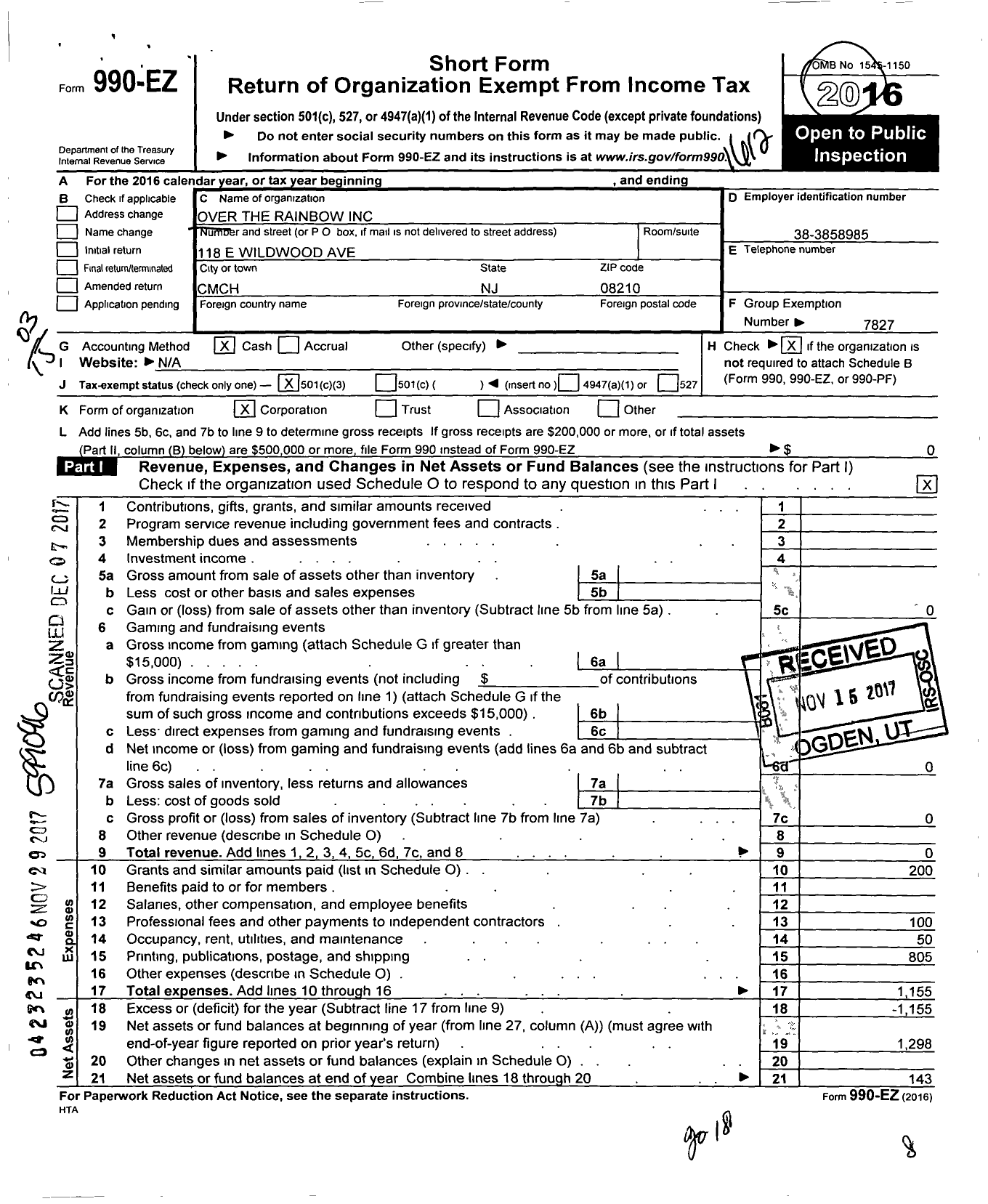 Image of first page of 2016 Form 990EZ for Over the Rainbow