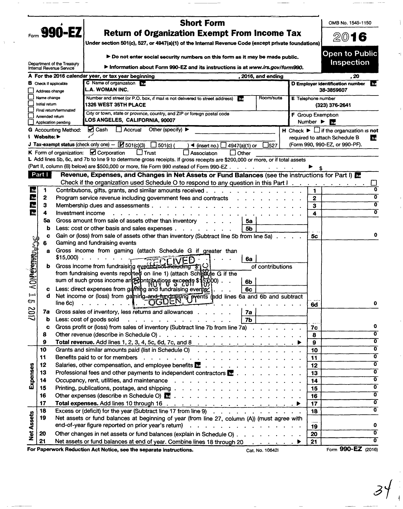 Image of first page of 2016 Form 990EZ for La Woman