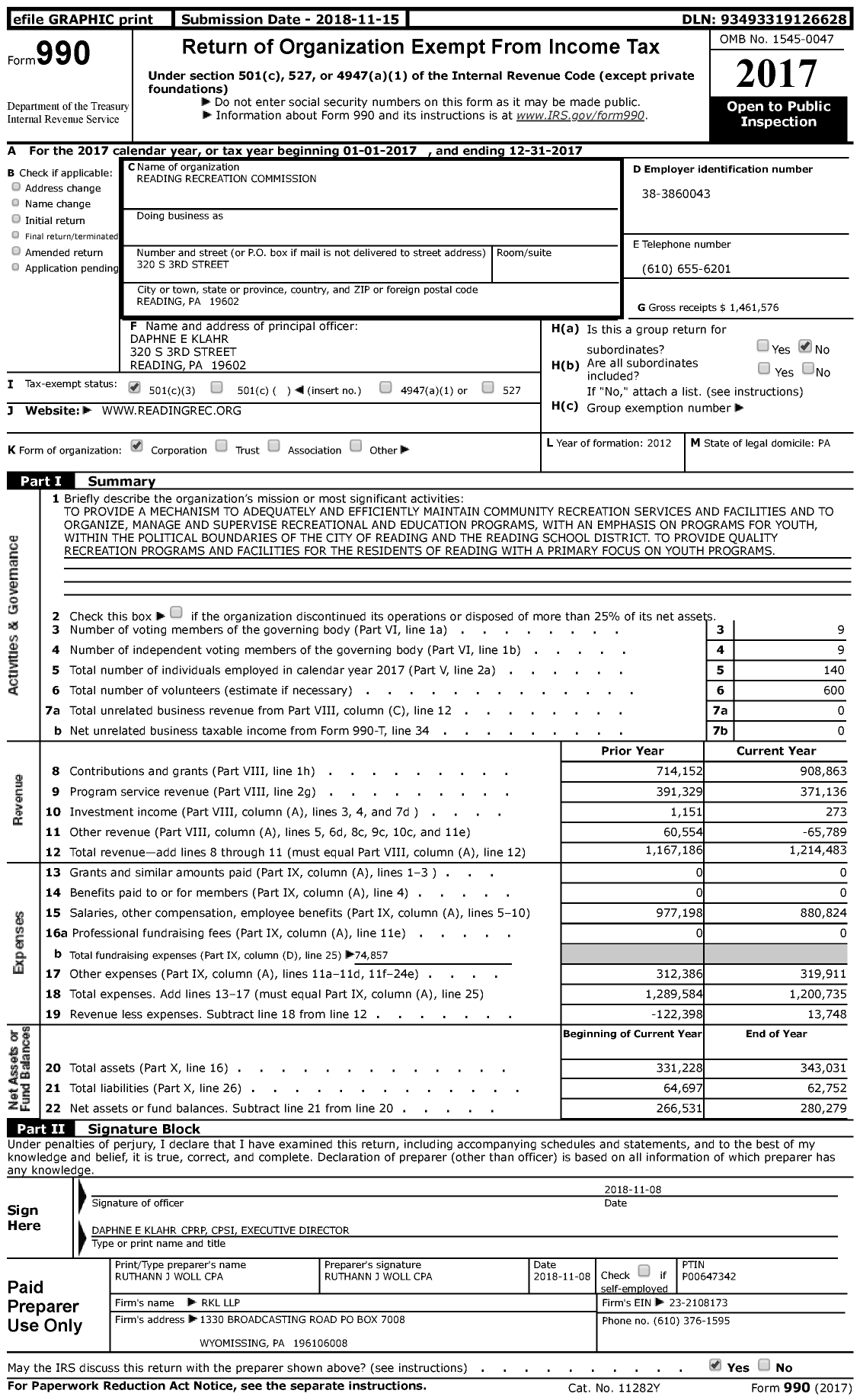 Image of first page of 2017 Form 990 for Reading Recreation Commission