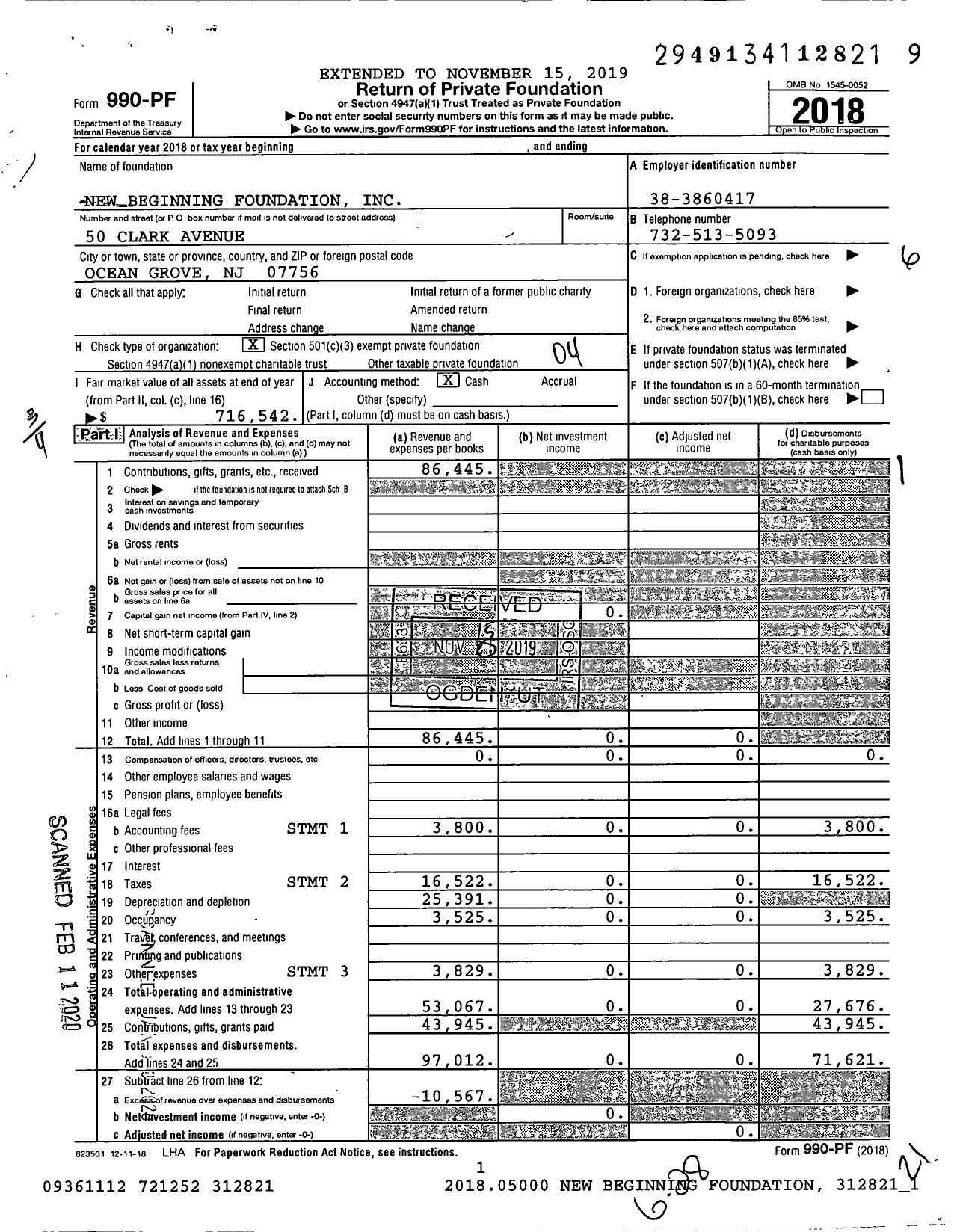 Image of first page of 2018 Form 990PF for New Beginning Foundation