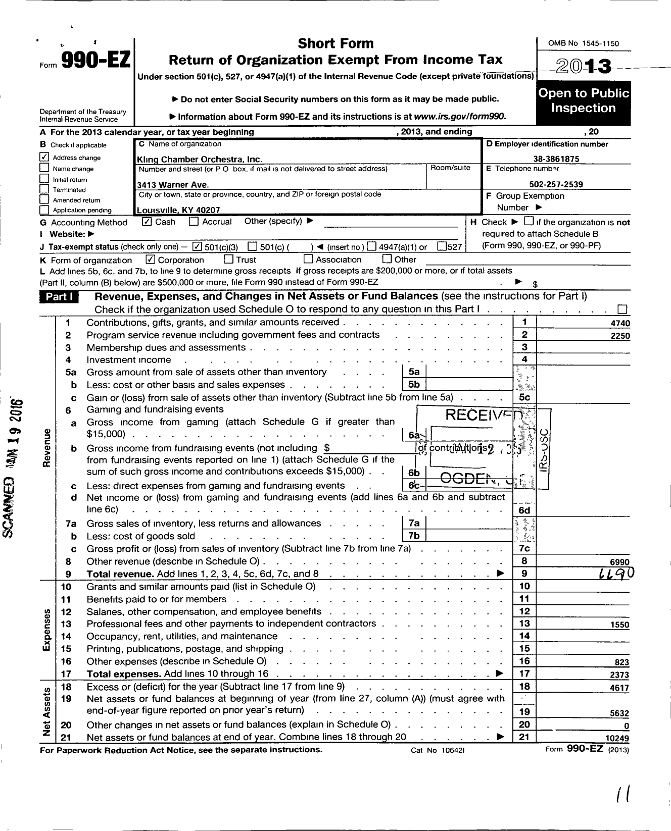 Image of first page of 2013 Form 990EZ for Kling Chamber Orchestra