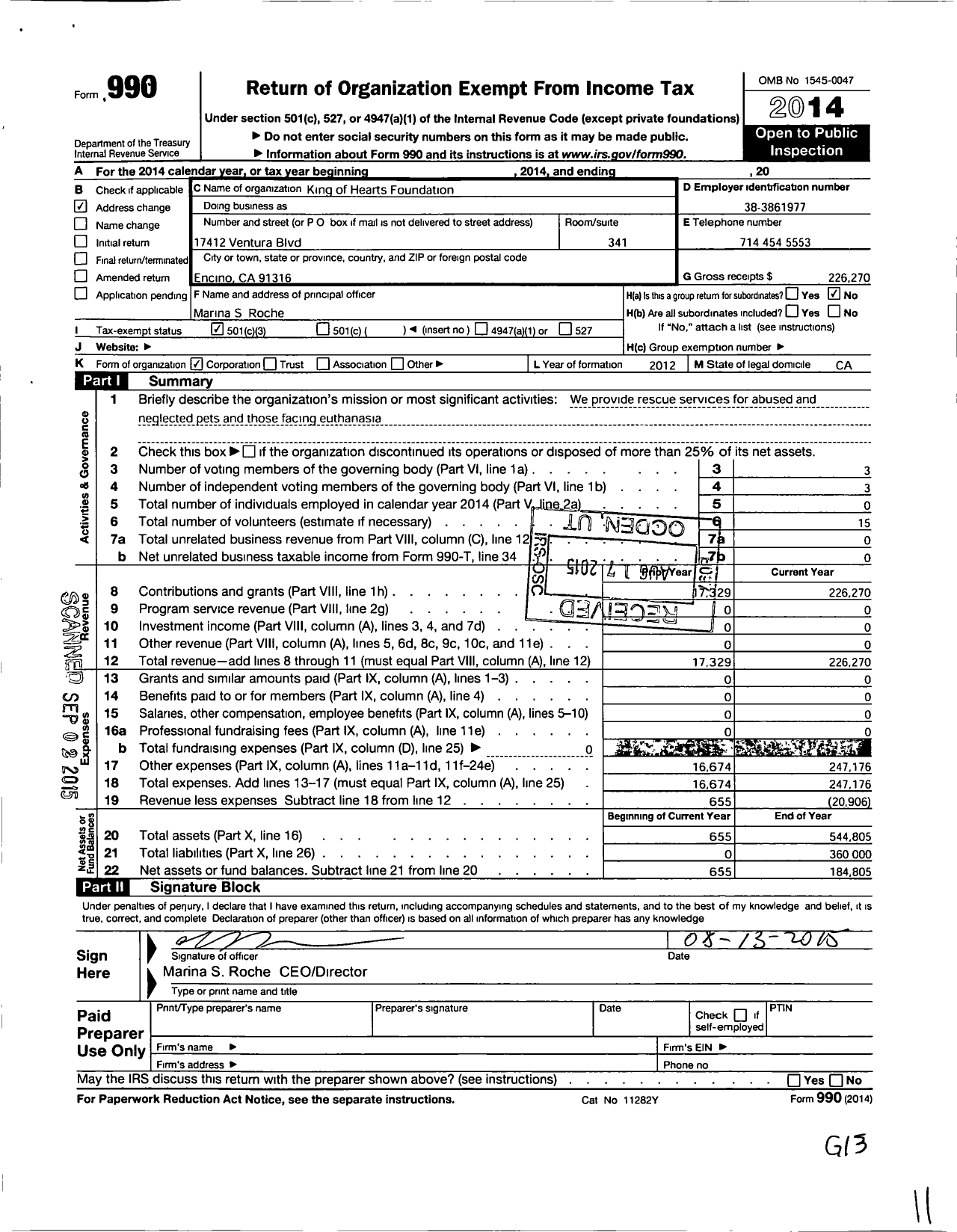 Image of first page of 2014 Form 990 for King of Hearts Foundation