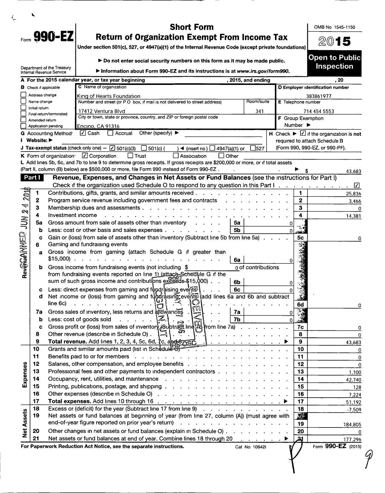 Image of first page of 2015 Form 990EZ for King of Hearts Foundation