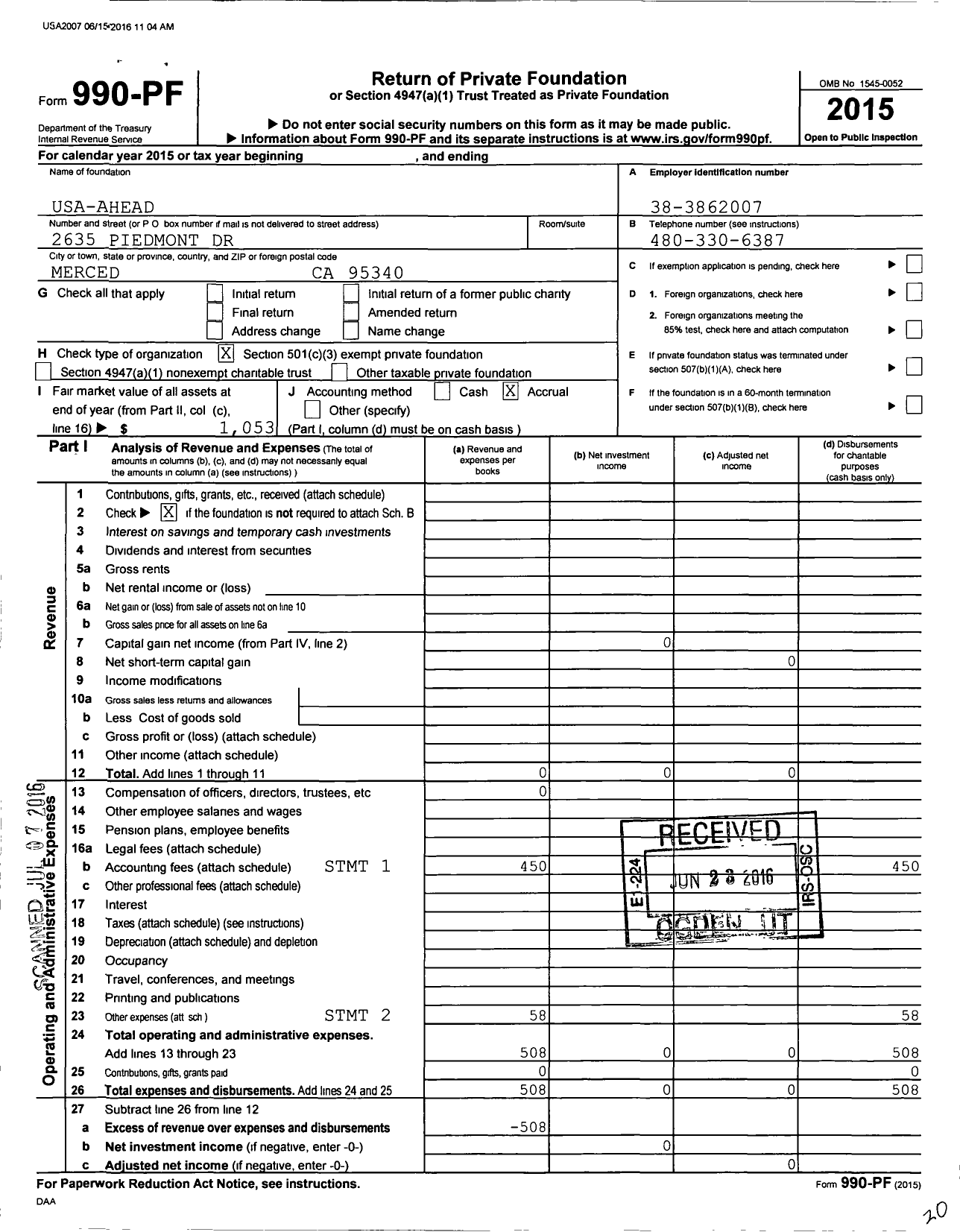 Image of first page of 2015 Form 990PF for Usa-Ahead