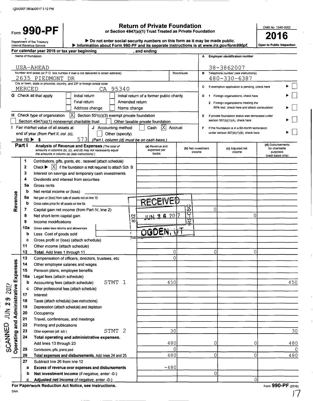 Image of first page of 2016 Form 990PF for Usa-Ahead