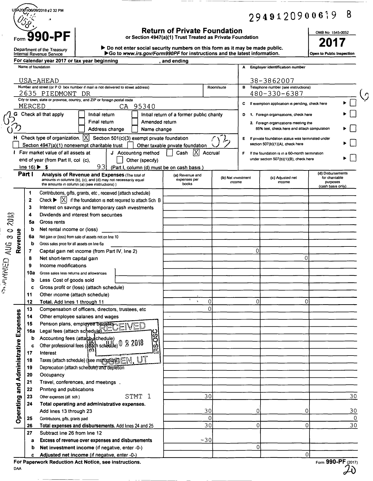 Image of first page of 2017 Form 990PF for Usa-Ahead