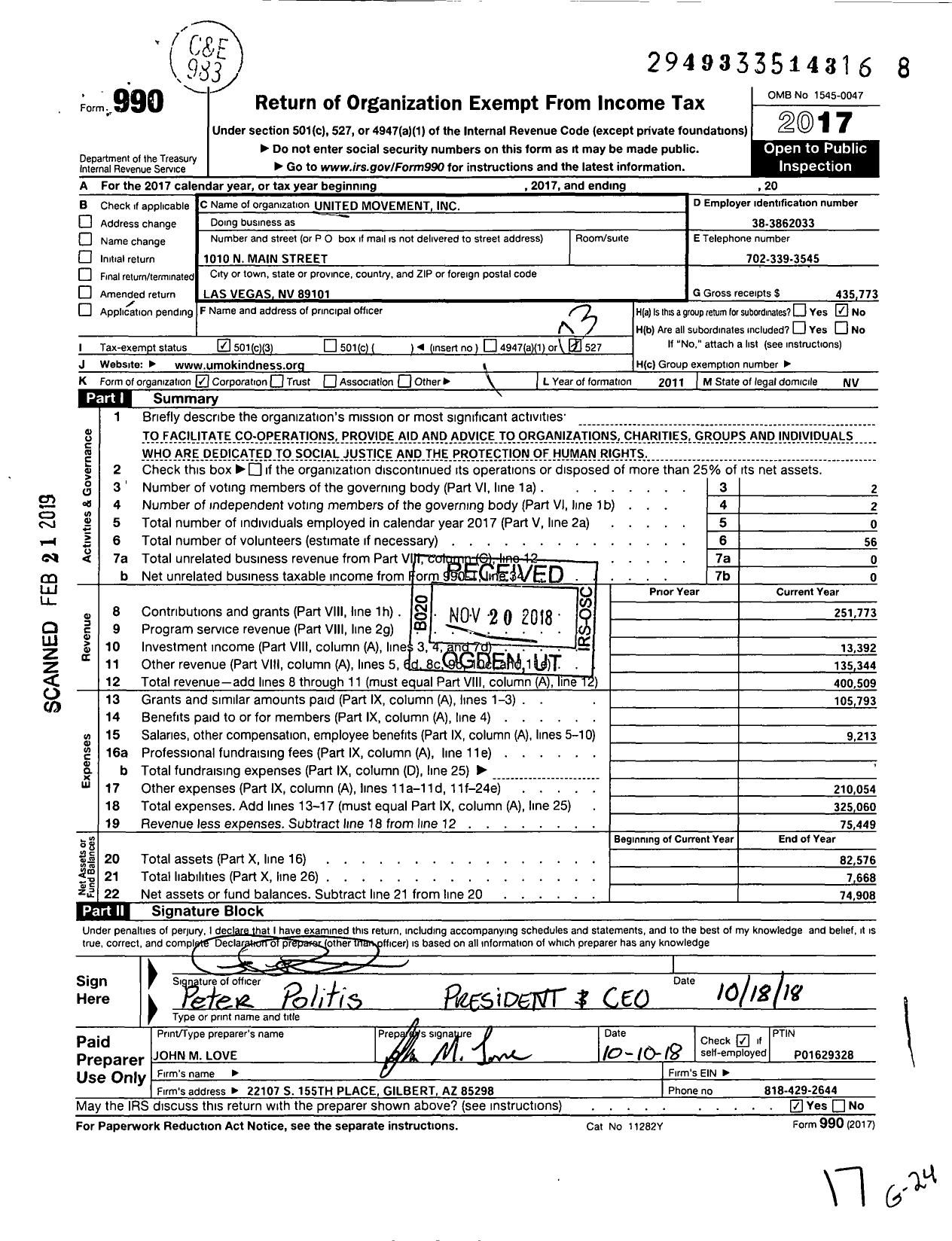 Image of first page of 2017 Form 990 for United Movement