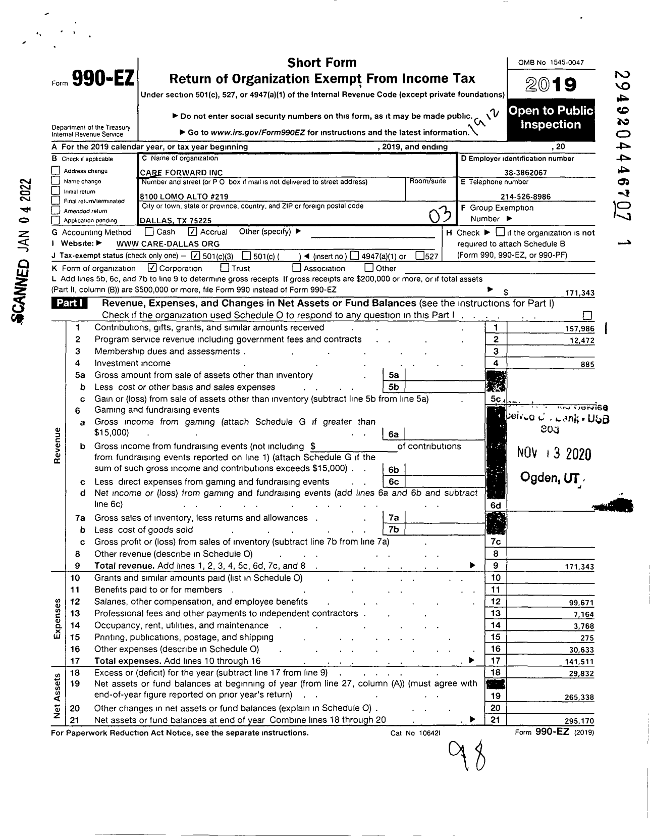 Image of first page of 2019 Form 990EZ for Care A R E Forward