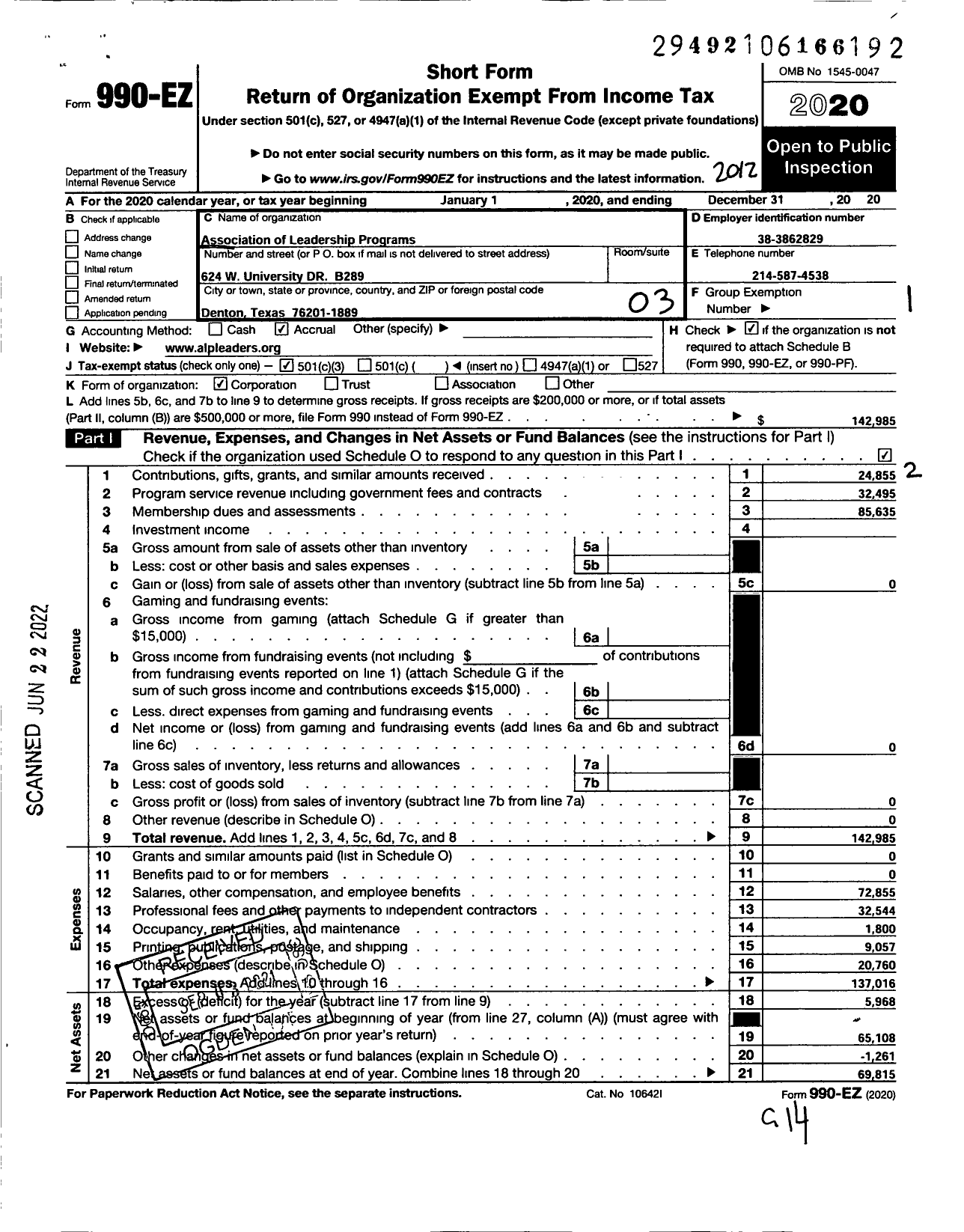 Image of first page of 2020 Form 990EZ for Association of Leadership Programs