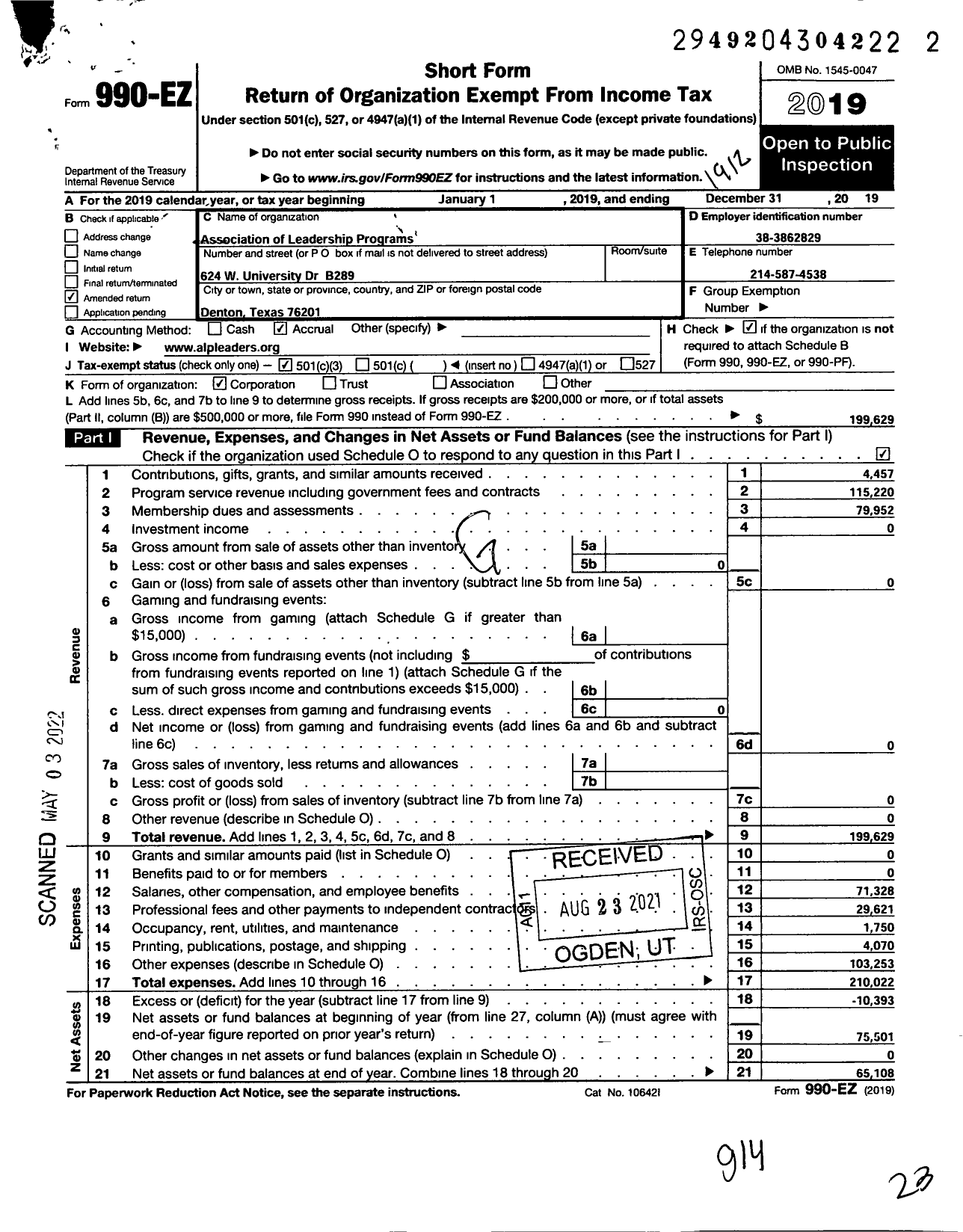 Image of first page of 2019 Form 990EZ for Association of Leadership Programs