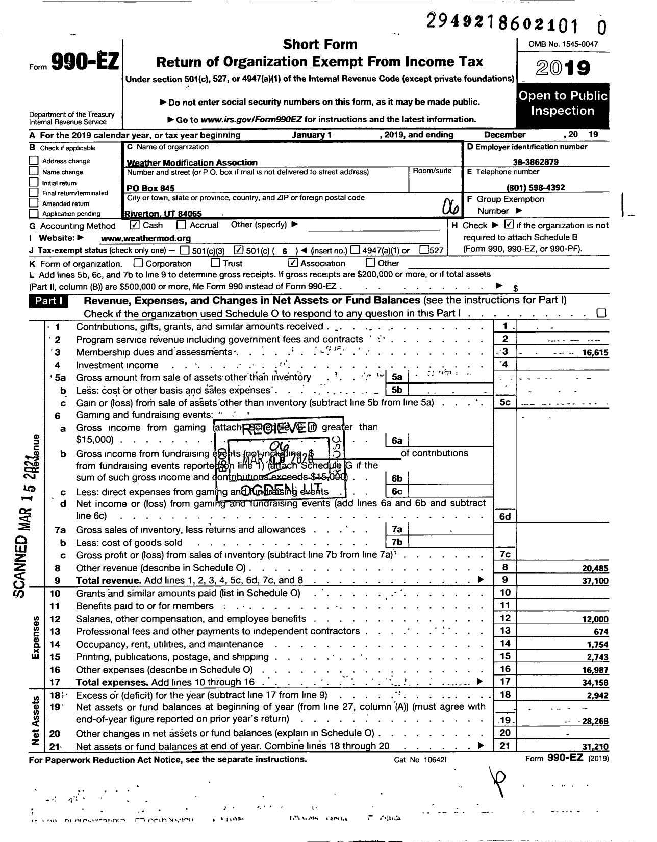 Image of first page of 2019 Form 990EO for Weather Modification Association (WMA)