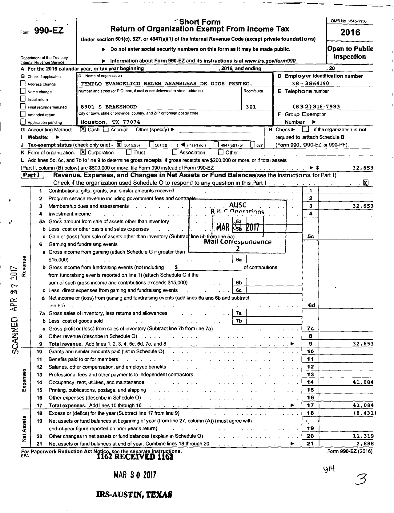 Image of first page of 2016 Form 990EZ for Templo Evangelico Belem Asambleas de Dios Pentecostes