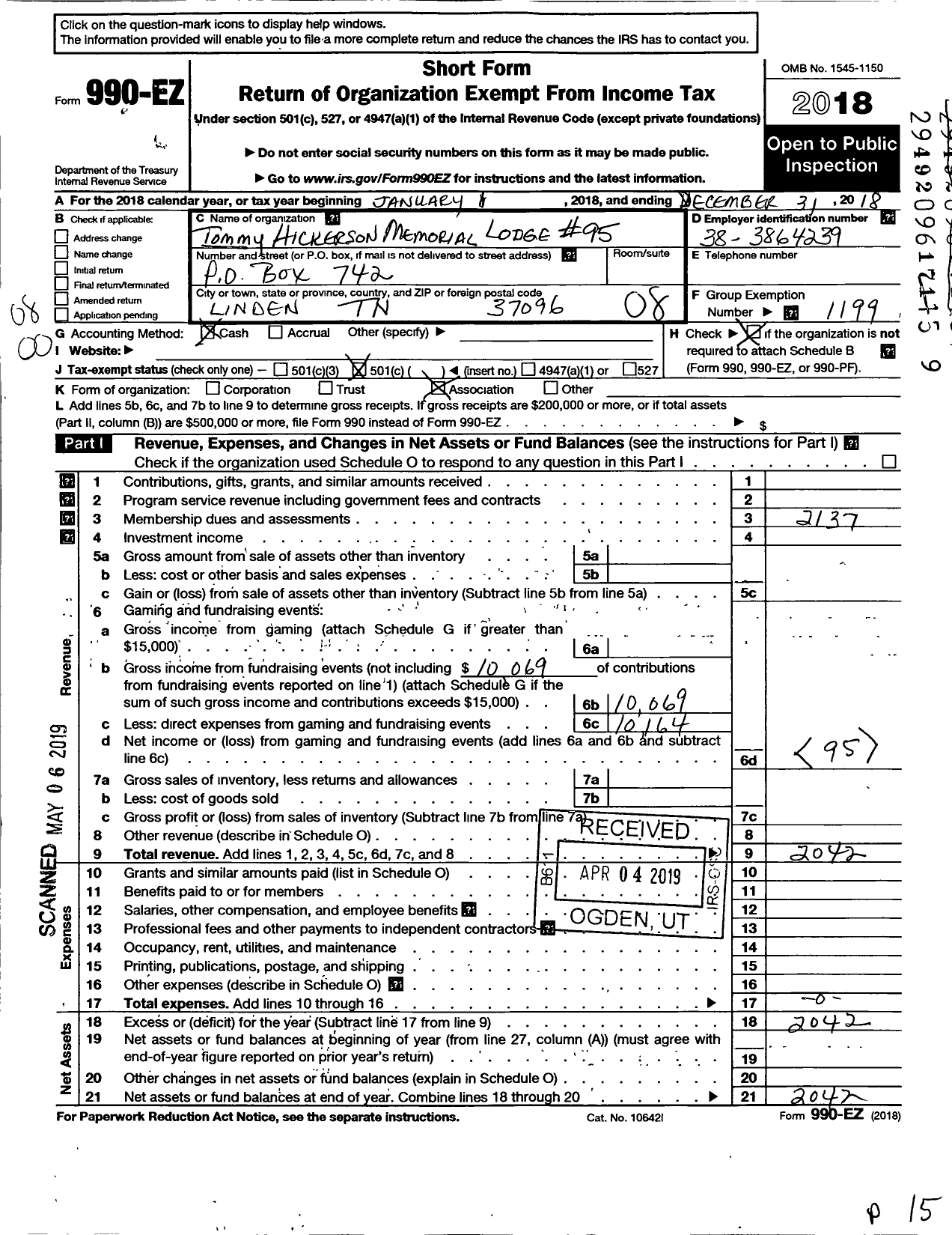 Image of first page of 2018 Form 990EO for Fraternal Order of Police - 95 Tommy Hickerson Memorial Lodge