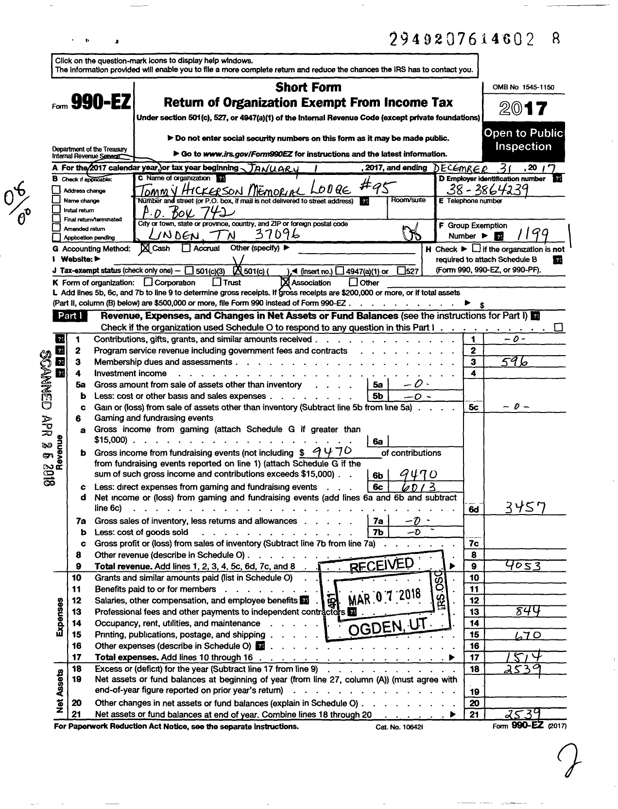 Image of first page of 2017 Form 990EO for Fraternal Order of Police - 95 Tommy Hickerson Memorial Lodge