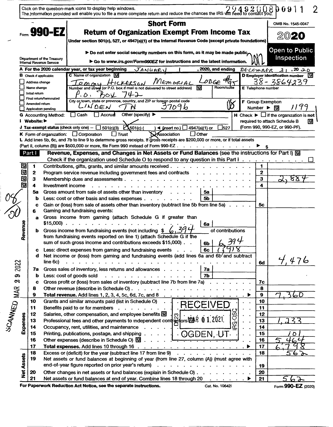 Image of first page of 2020 Form 990EO for Fraternal Order of Police - 95 Tommy Hickerson Memorial Lodge