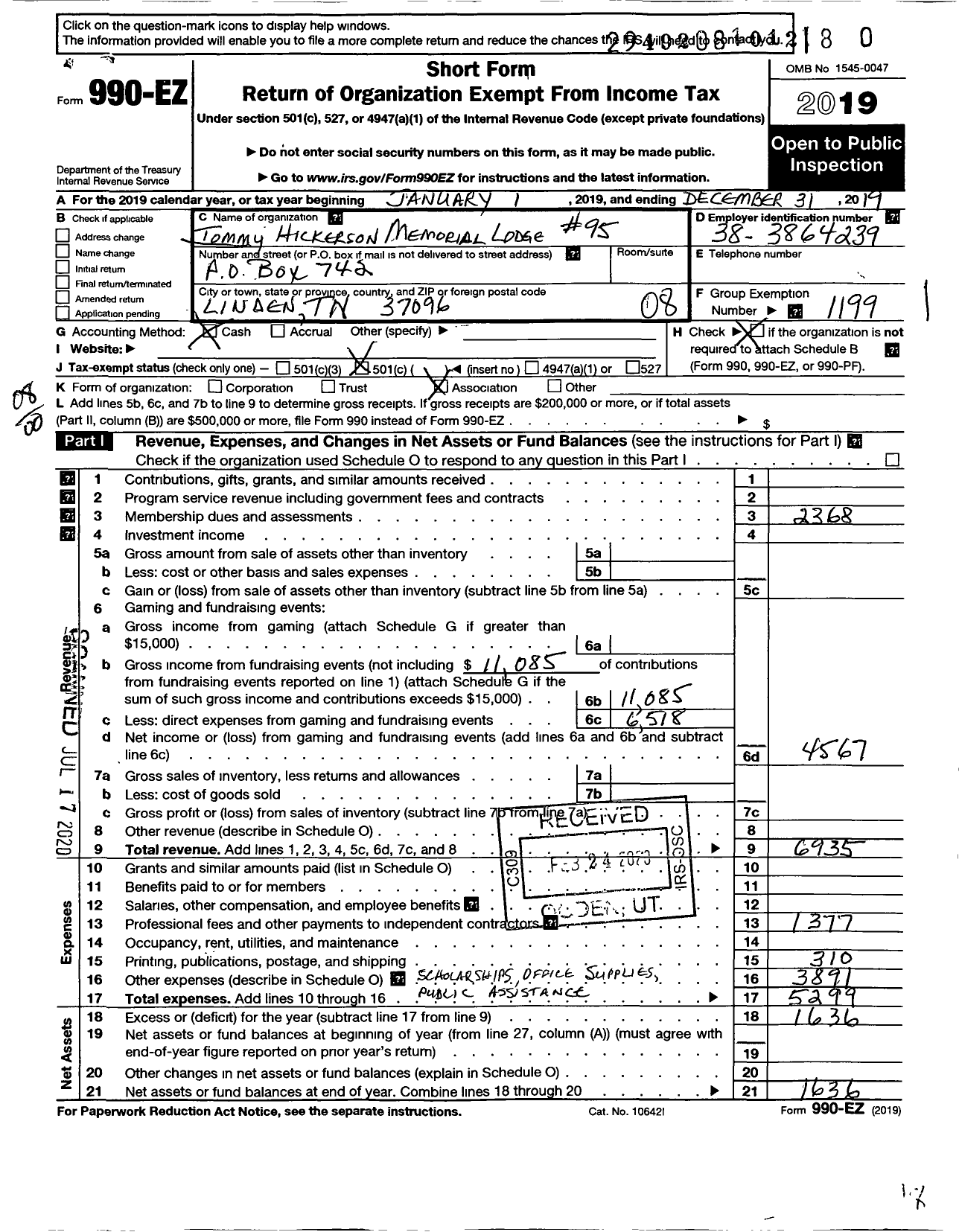 Image of first page of 2019 Form 990EO for Fraternal Order of Police - 95 Tommy Hickerson Memorial Lodge