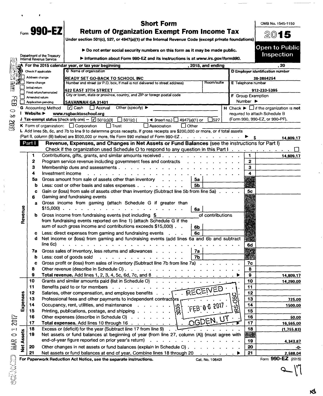 Image of first page of 2015 Form 990EZ for Ready Set Go Back To School