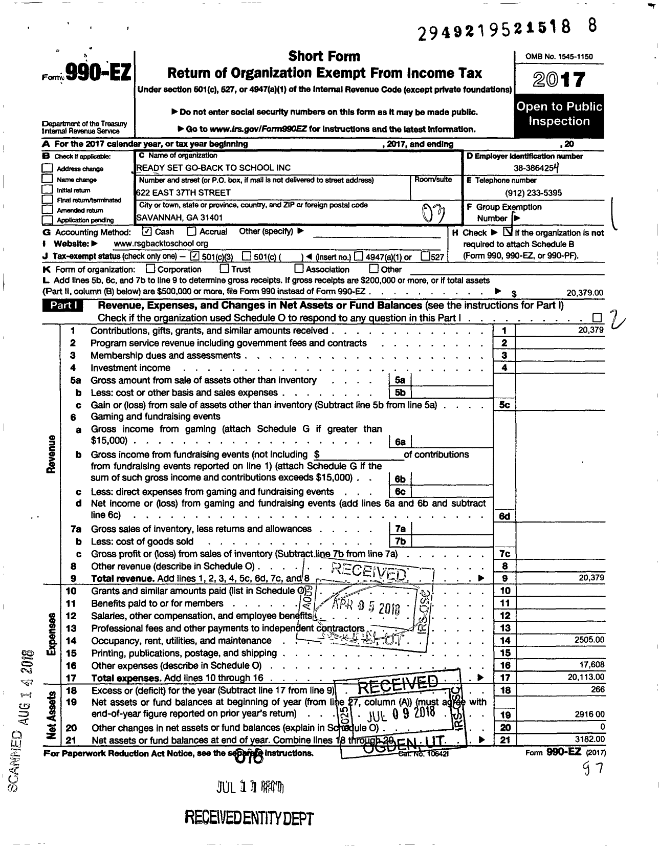 Image of first page of 2017 Form 990EZ for Ready Set Go Back To School