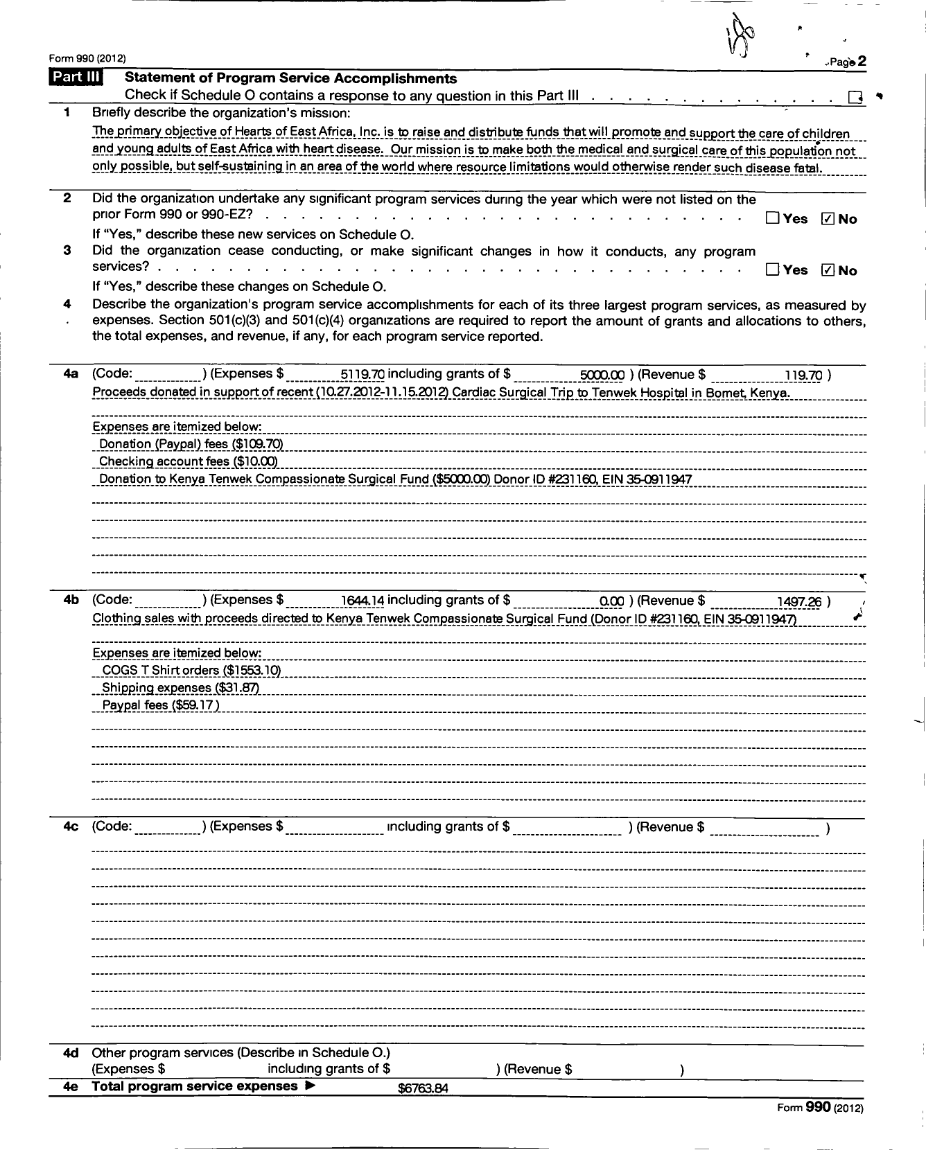 Image of first page of 2012 Form 990R for Hearts of East Africa