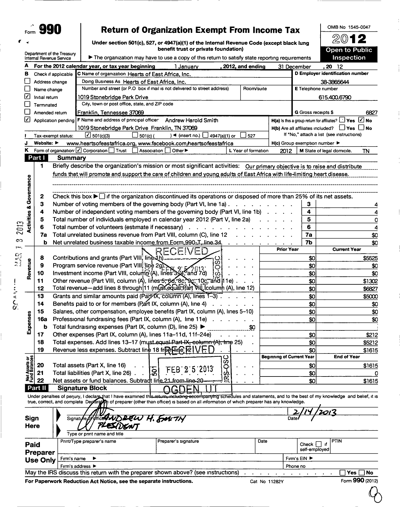 Image of first page of 2012 Form 990 for Hearts of East Africa