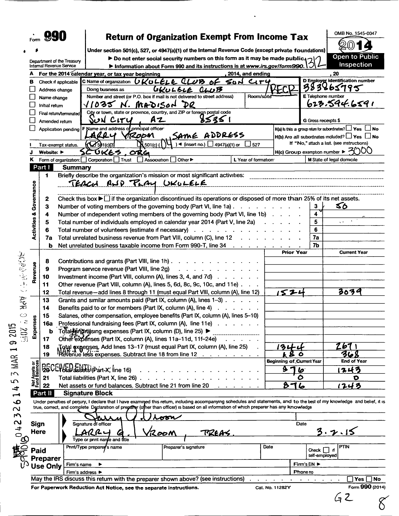 Image of first page of 2013 Form 990O for Recreation Centers of Sun City / Ukelele Club of Sun City