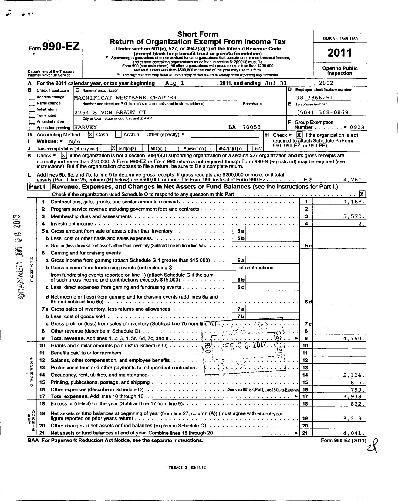 Image of first page of 2011 Form 990EZ for Magnificat Westbank Chapter 34323045n W Jefferson Deanery