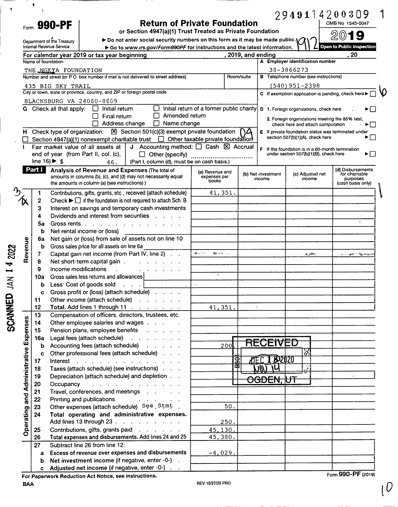 Image of first page of 2019 Form 990PF for The Ngeta Foundation