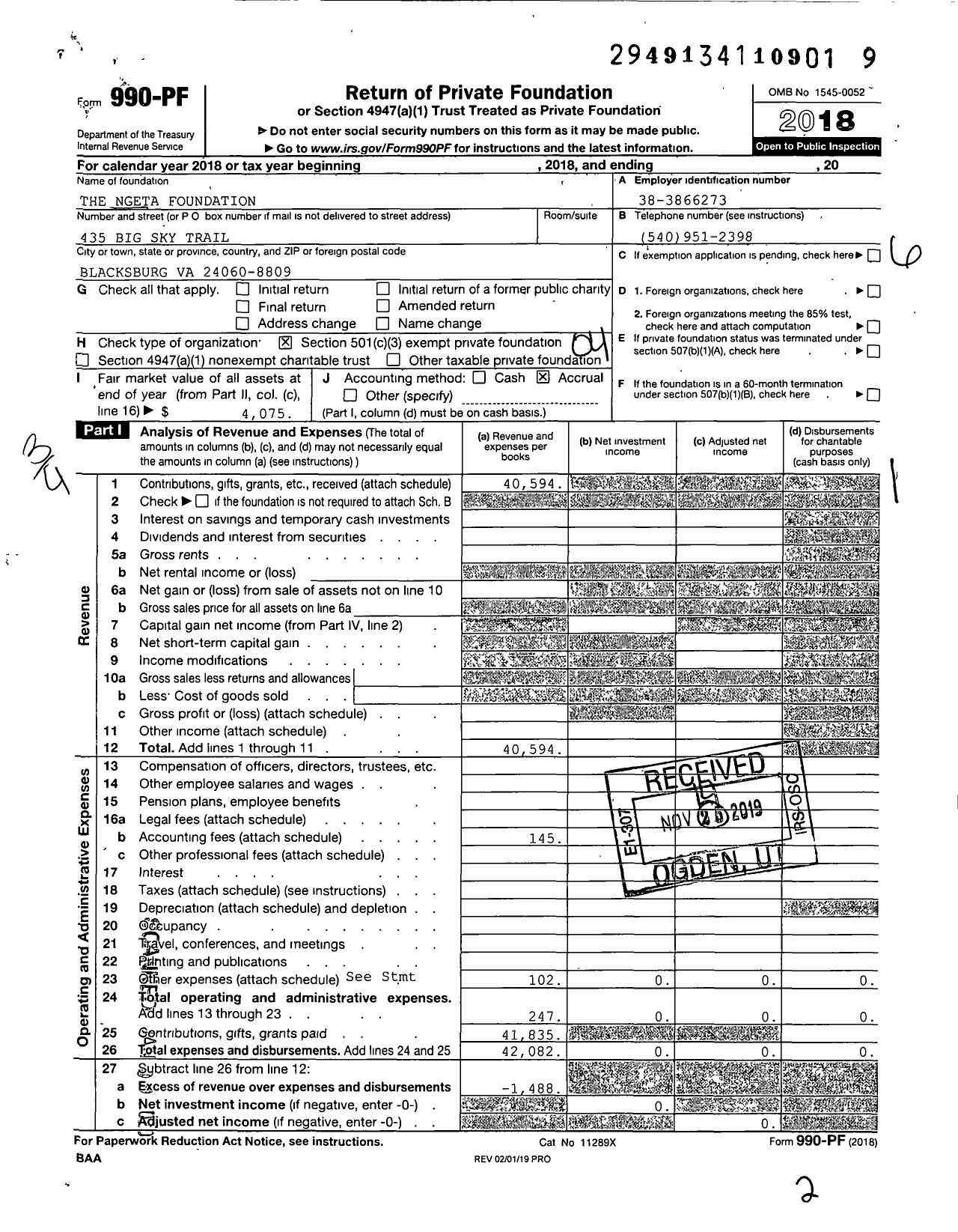 Image of first page of 2018 Form 990PF for The Ngeta Foundation