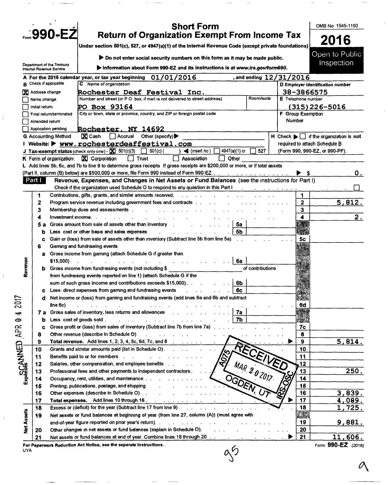 Image of first page of 2016 Form 990EZ for Rochester Deaf Festival